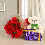 12 Red Roses- 5 Cadbury's DairyMilk Chocolates (13.2 gms each)- 1 Teddy Bear (6 inches)