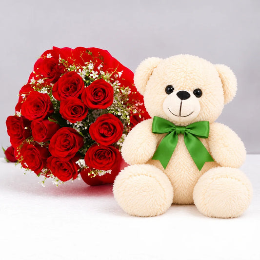 12 Red Roses in Paper Packing- Teddy Bear (12 inches)