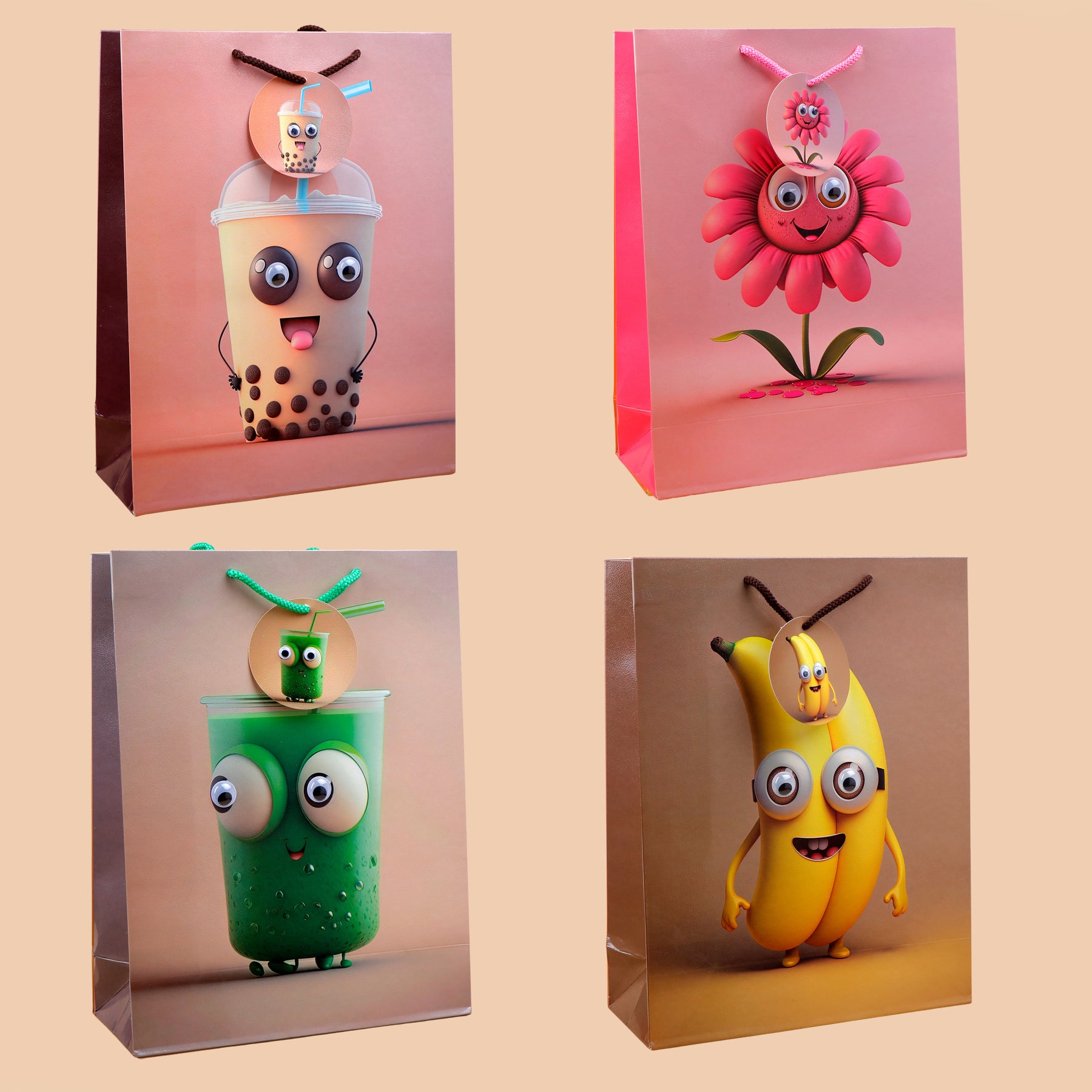 Googli Eyes Fun Characters Paper Bag Set of 4 Large