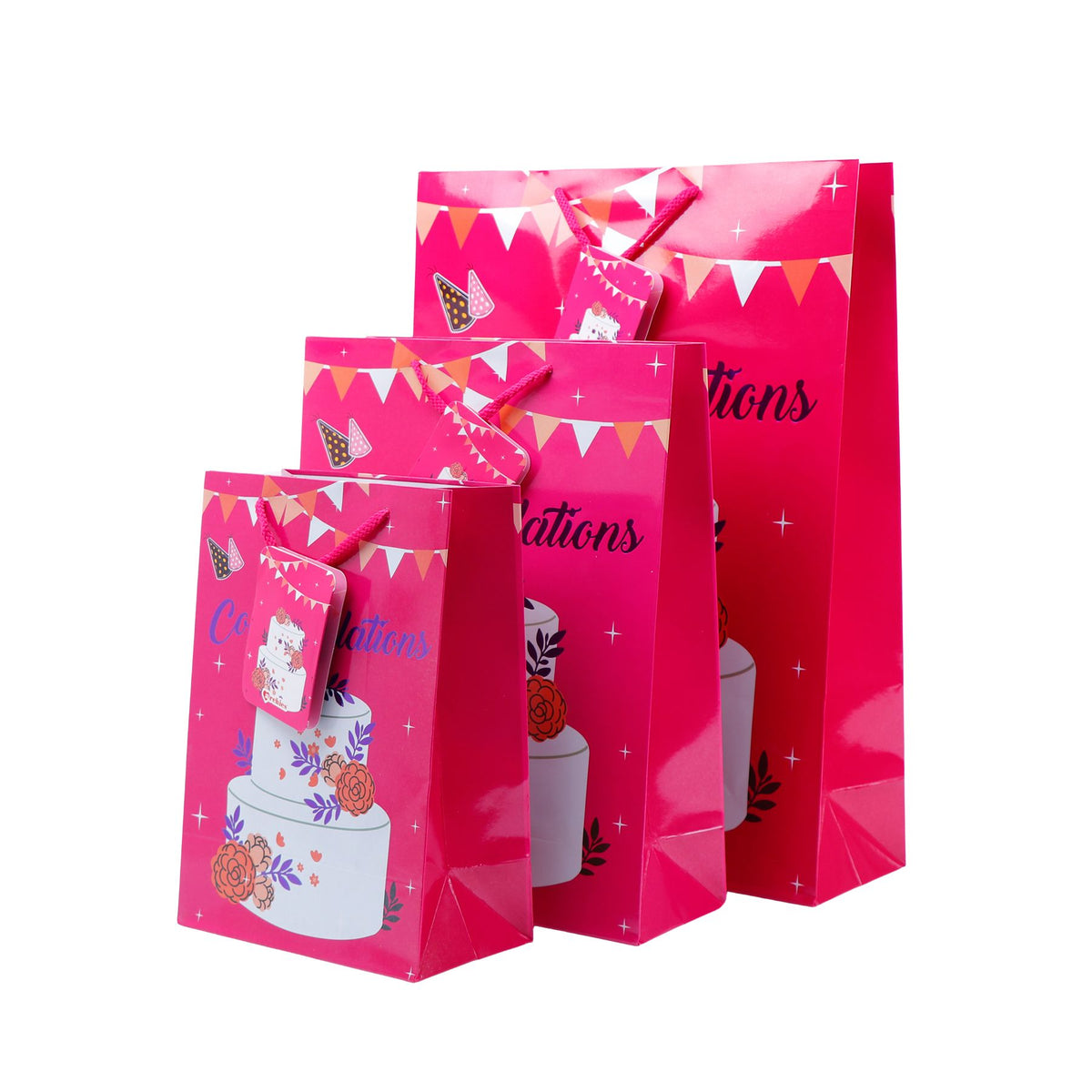 Congratulations Pink Paper Bags Pack of 3 (S/M/L)
