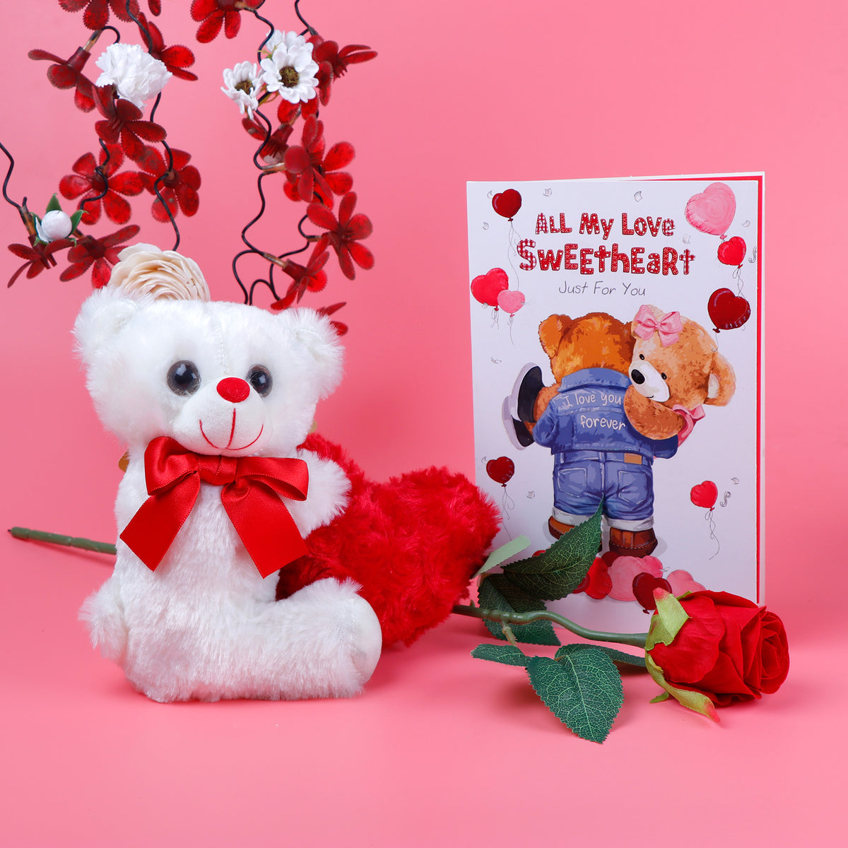 Sweetheart Teddy Bear with Rose and Greeting Card