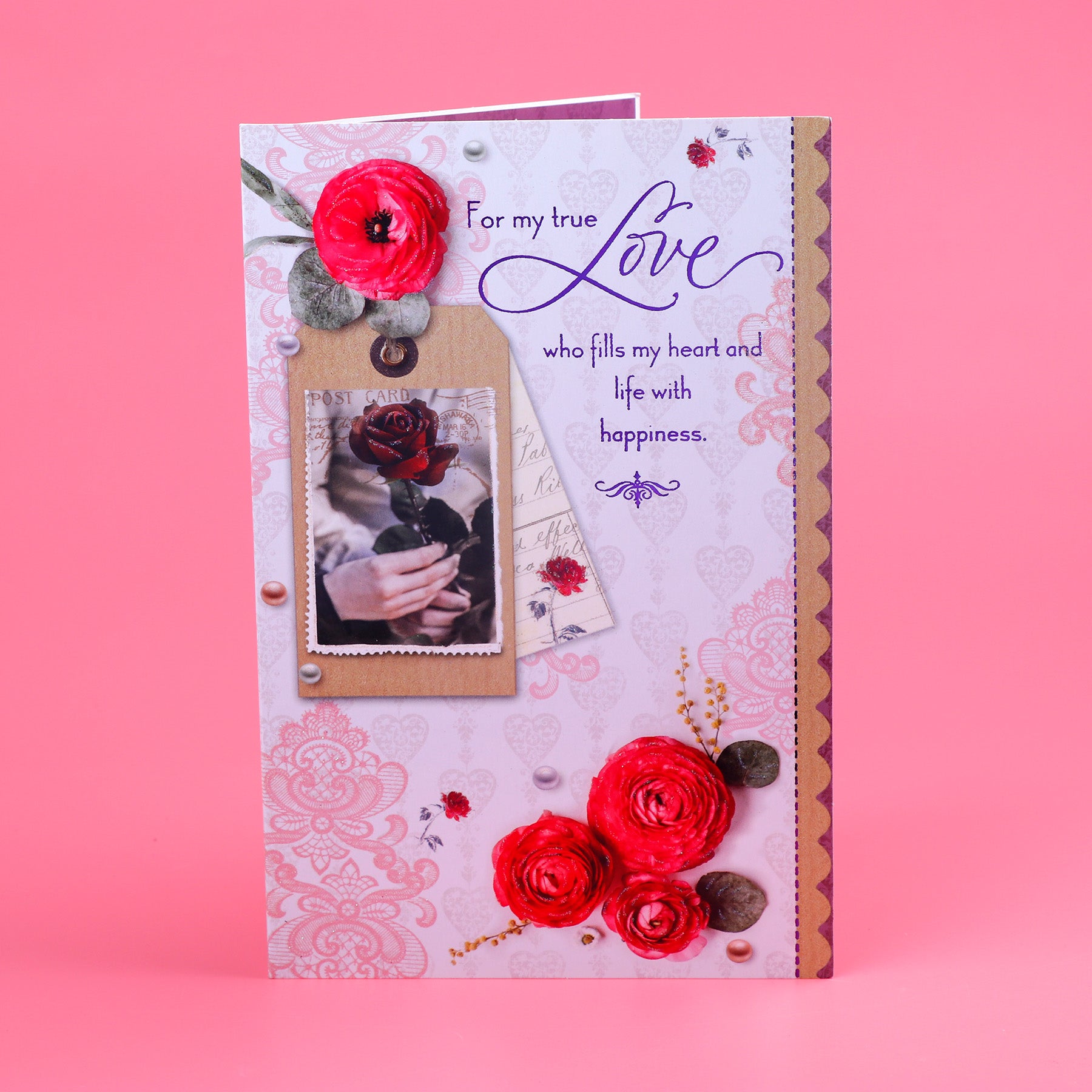 For My Love Teddy Bear with Rose and Greeting Card