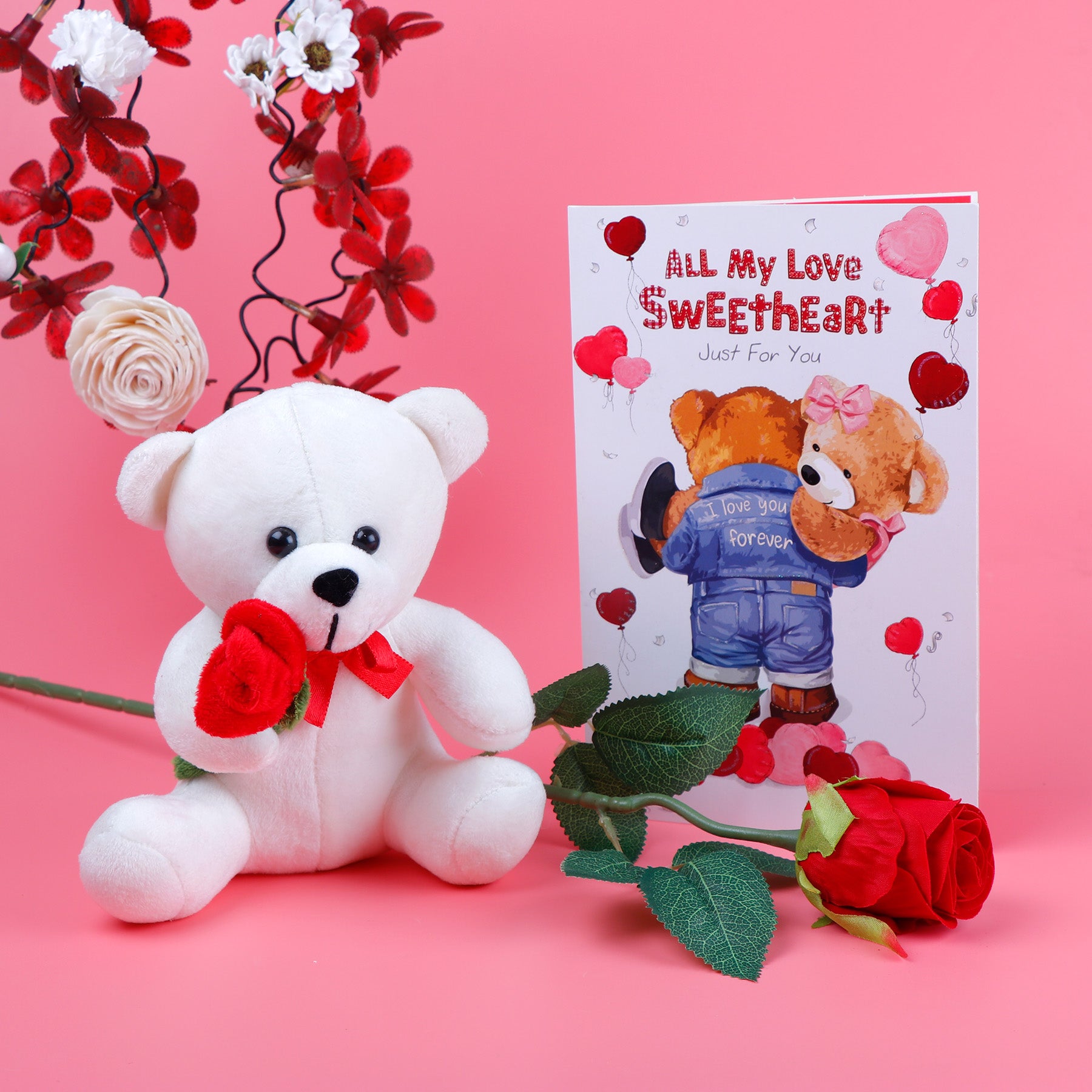 My Sweet Heart Teddy Bear with Rose and Greeting Card