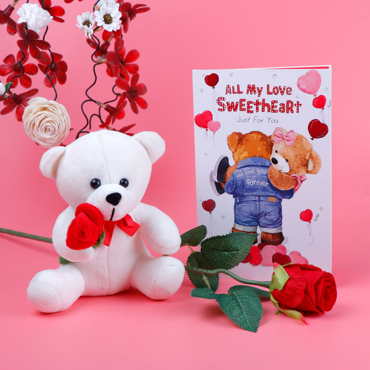 My Sweet Heart Teddy Bear with Rose and Greeting Card