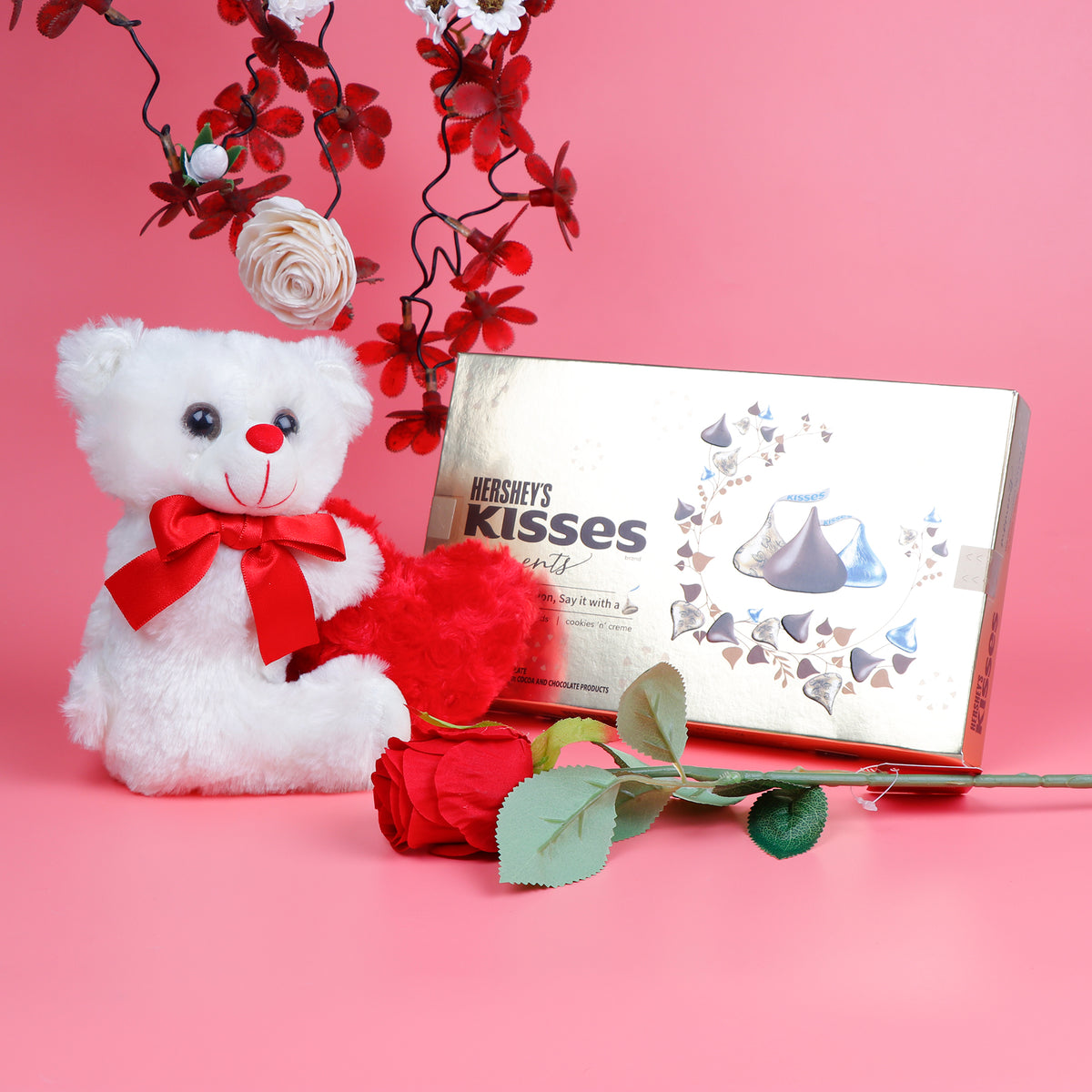 Cute Teddy Bear with Hershey Chocolate and Rose