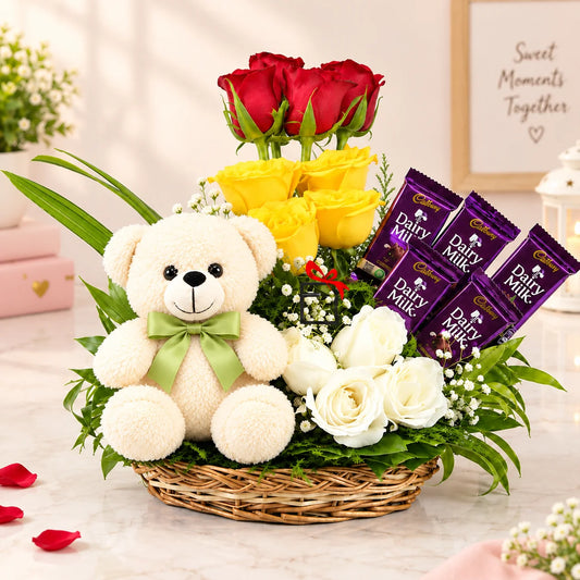 Flowers with Chocolate Basket and Teddy bear