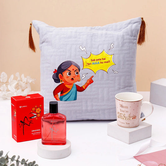Grey Cushion With Mug And Archies UXR Perfume