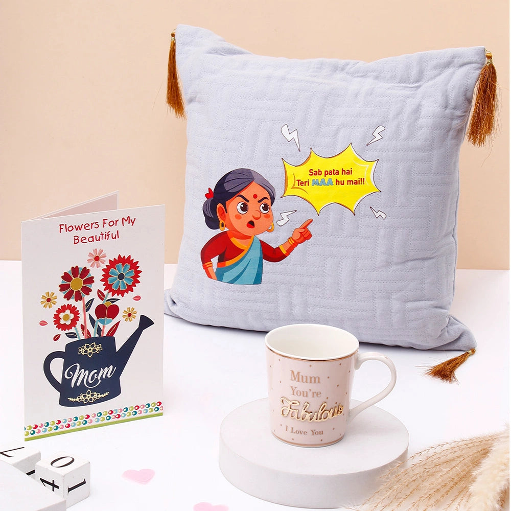 Grey Cushion With Mug And Card