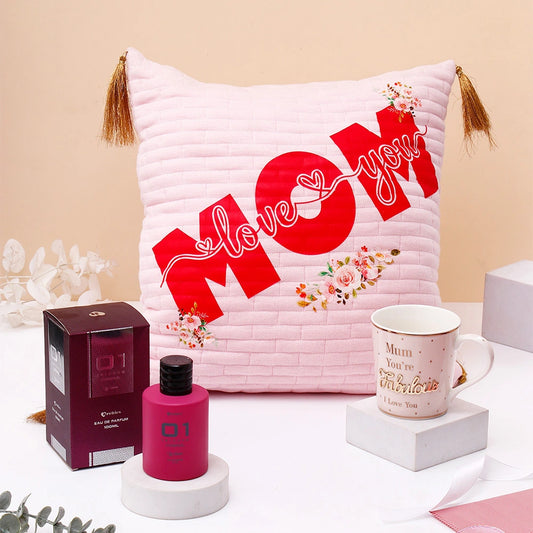 Pink Cushion with Tassels With Mug And Archies Women 01 Perfume