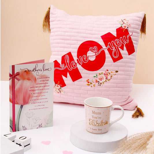Pink Cushion with Tassels With Mug And Card