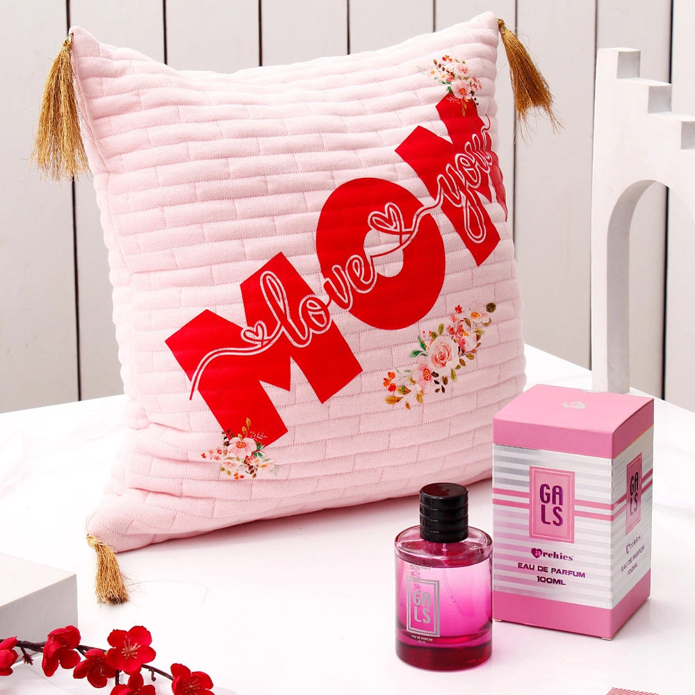 Pink Cushion with Tassels With Mug And Archies Gals Perfume