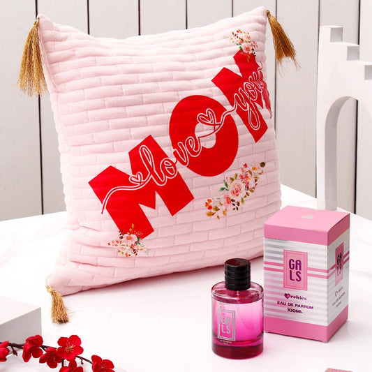 Pink Cushion with Tassels With Mug And Archies Gals Perfume