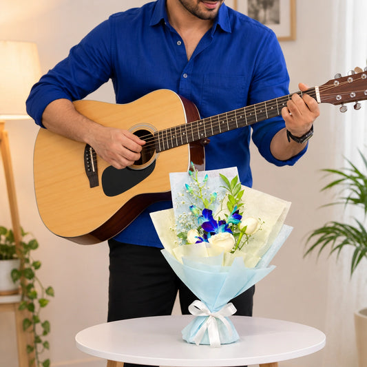 White Roses & Blue Orchid Bouquet with Guitarist