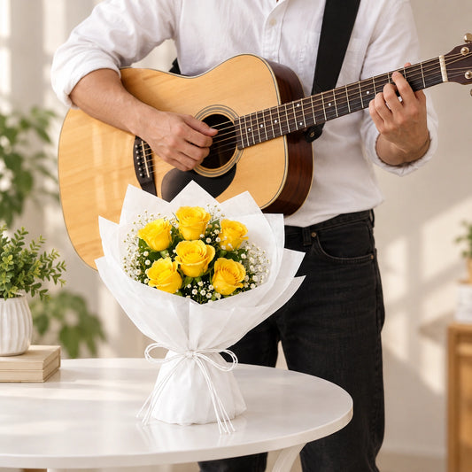 6 Yellow Roses Sunshine Bouquet with Guitarist