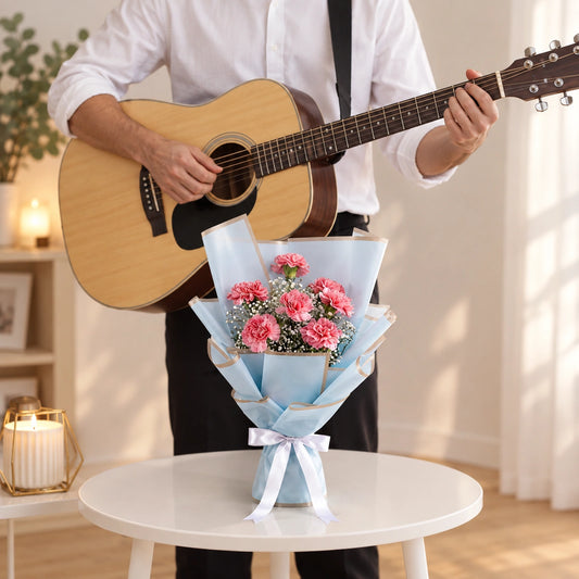 6 Pink Carnation Blush Bouquet with Guitarist