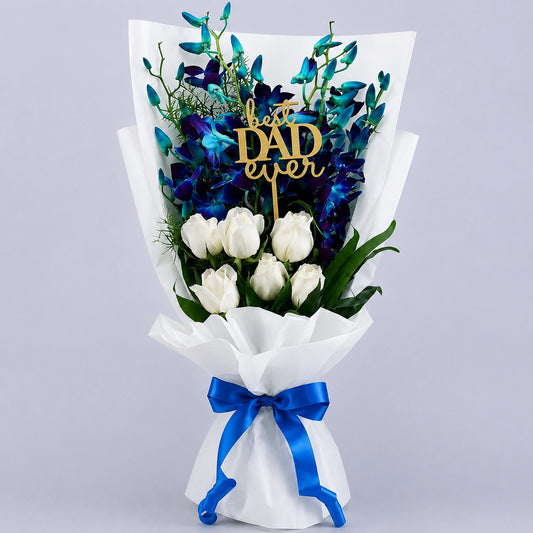 6 Blue Orchids & 6 White Roses Cascade Bouquet