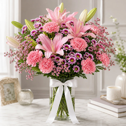 Pink Lily & Carnation Purple Vase Arrangement