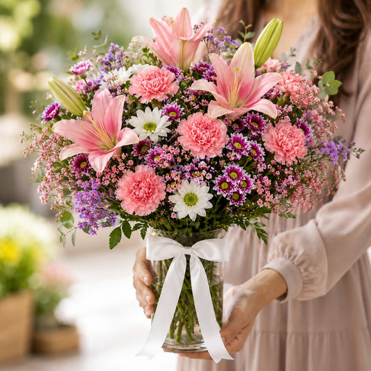Pink Lily & Carnation Purple Vase Arrangement