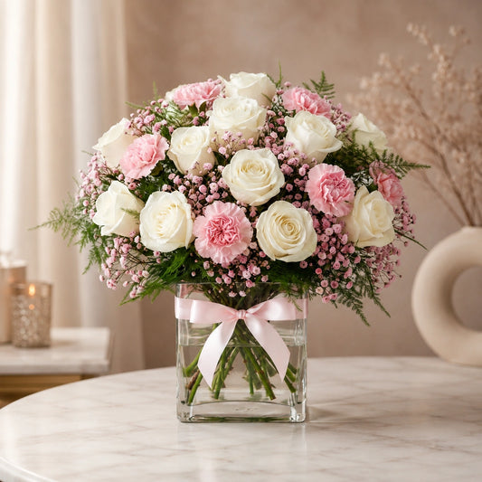 White Roses & Carnations Seasonal Glass Vase