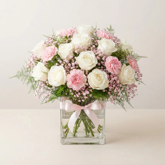 White Roses & Carnations Seasonal Glass Vase