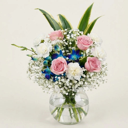 Orchid, Rose & Carnation Round Glass Vase
