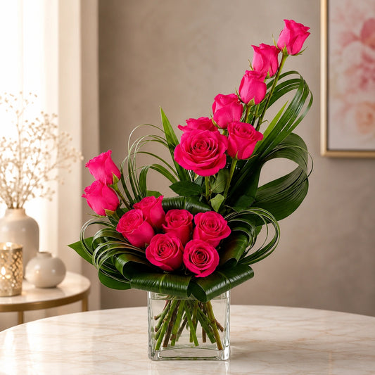 12 Dark Pink Roses Square Glass Vase Arrangement