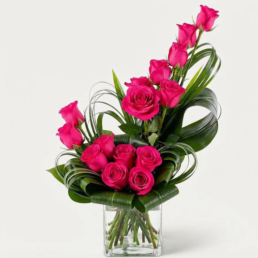 12 Dark Pink Roses Square Glass Vase Arrangement