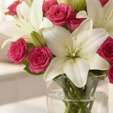 50 Pink Roses & 6 White Lilies Premium Glass Vase