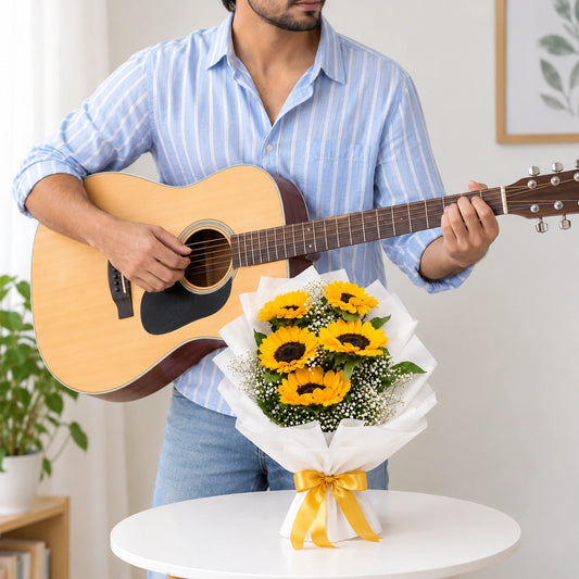 5 Sunflowers White Paper Bouquet with Guitarist