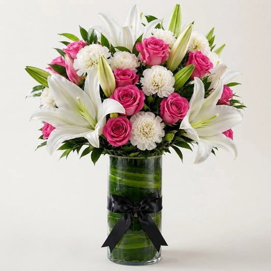 Pink Roses, White Carnations & Oriental Lily Cylindrical Vase