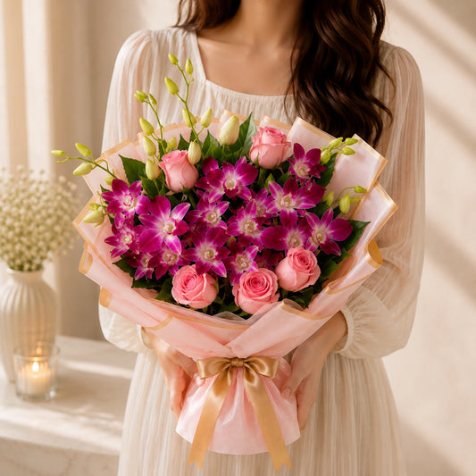 Purple Orchids & Pink Roses Royal Peach Bouquet