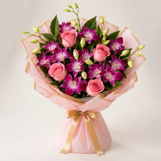 Purple Orchids & Pink Roses Royal Peach Bouquet