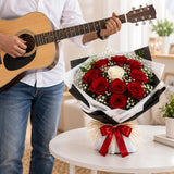 9 Red 1 White Rose Bouquet with Guitarist