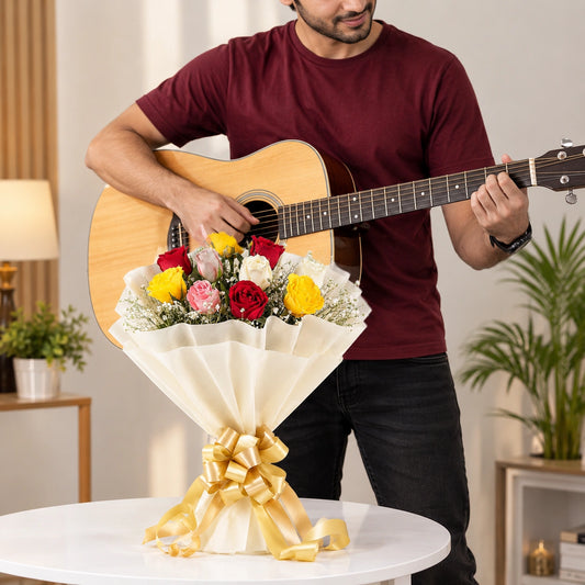 Mixed Rainbow Roses Bouquet with Guitarist