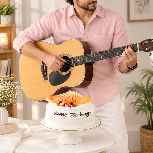 Tropical Fruit Paradise Cream Cake with Guitarist