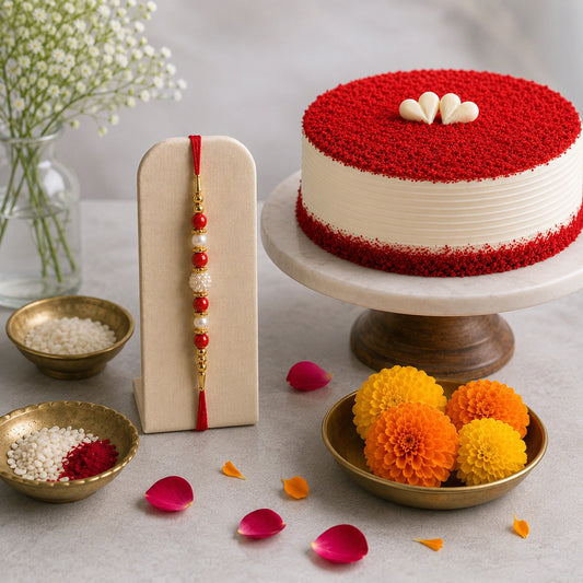 1 Pearl Rakhi withFresh Red Velvet Velour Cream Cake