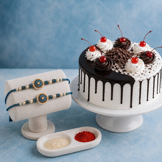 2 Rakhi With Creamy Drip Black Forest Cream Cake