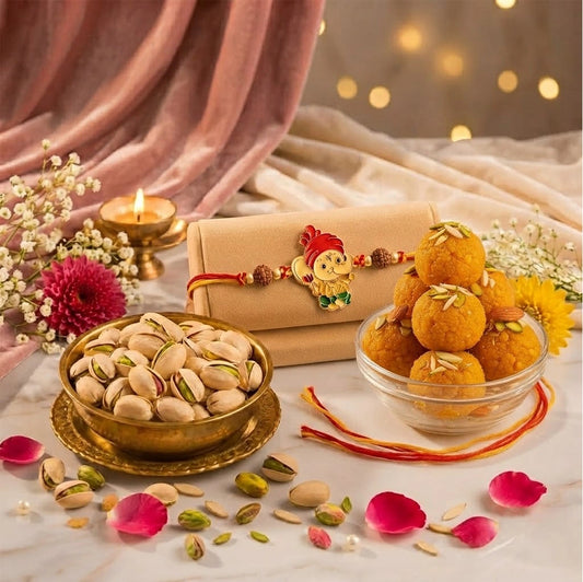 Divine Ganesha Rakhi with Motichoor Laddoo & Pistachios | Festive Hamper
