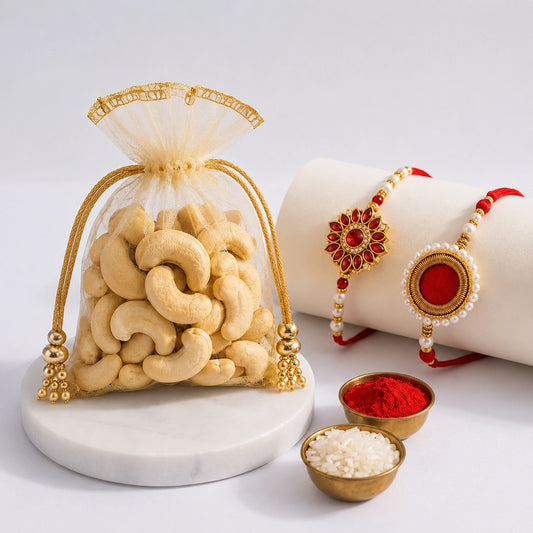 Ethnic Pearl Bhaiya Bhabhi Rakhi with Premium Cashews | Rakhi Gift Set