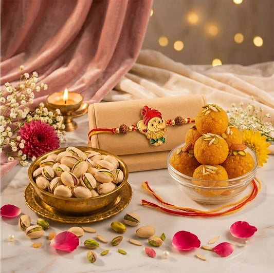 Ganesha Rakhi with Motichoor Laddoo & Pistachios | Divine Rakhi Sweet Hamper