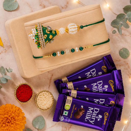 Lumba & Pearl Rakhi with Dairy Milk Chocolates | Bhaiya Bhabhi Rakhi Gift