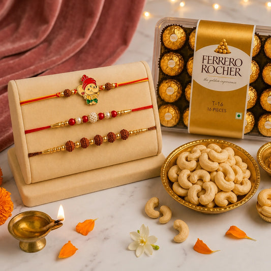 3-in-1 Pearl, Rudraksha & Ganesha Rakhi with Ferrero Rocher & Cashews | Luxury Rakhi Hamper