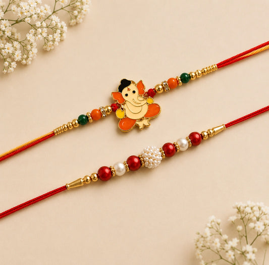 3-in-1 Pearl, Rudraksha & Ganesha Rakhi with Ferrero Rocher & Cashews | Luxury Rakhi Hamper