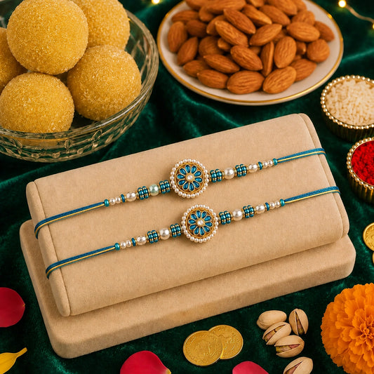 Set of 2 Meenakari Rakhi with Besan Laddoo & Almonds | Artisan Rakhi Hamper
