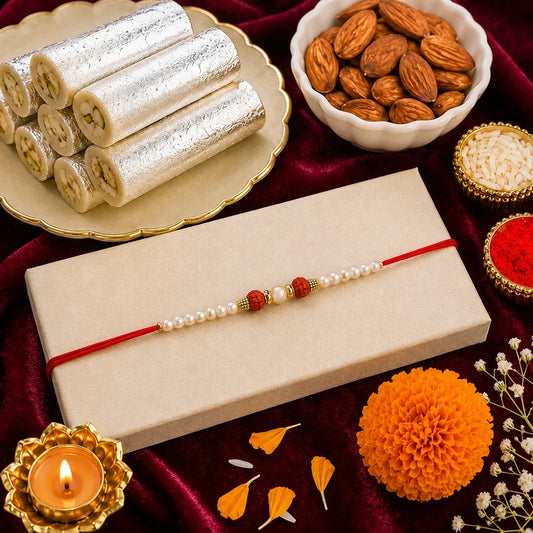 Pearl Rakhi with Kaju Roll & Almonds | Traditional Raksha Bandhan Sweet Hamper