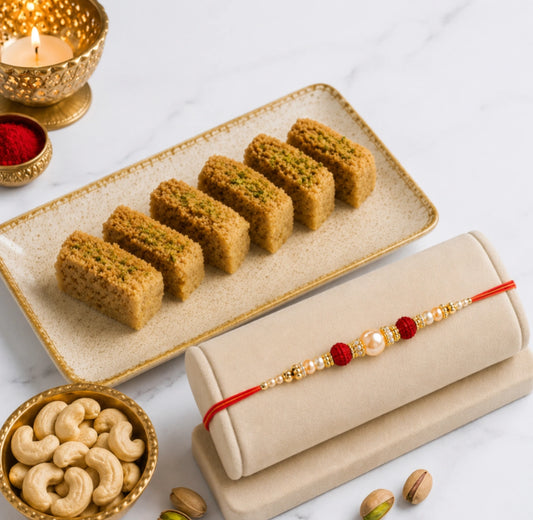 Rudraksha Rakhi with Milk Cake & Cashews | Rich Raksha Bandhan Gift Hamper