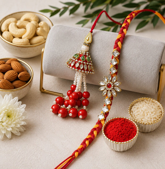 Designer Beads Bhaiya Bhabhi Rakhi Set With Dry Fruits | Vibrant Yellow Pink Rakhi Gift