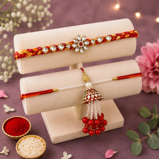 Designer Beads Bhaiya Bhabhi Rakhi Set With Dry Fruits | Vibrant Yellow Pink Rakhi Gift