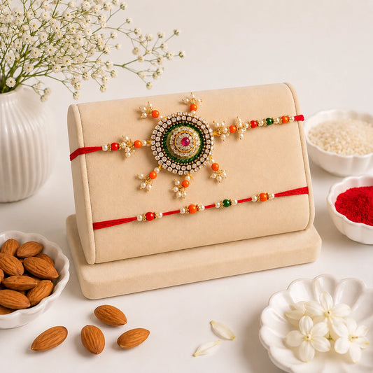 Designer Beads Bhaiya Bhabhi Rakhi in Yellow & Pink | Vibrant Raksha Bandhan Gift