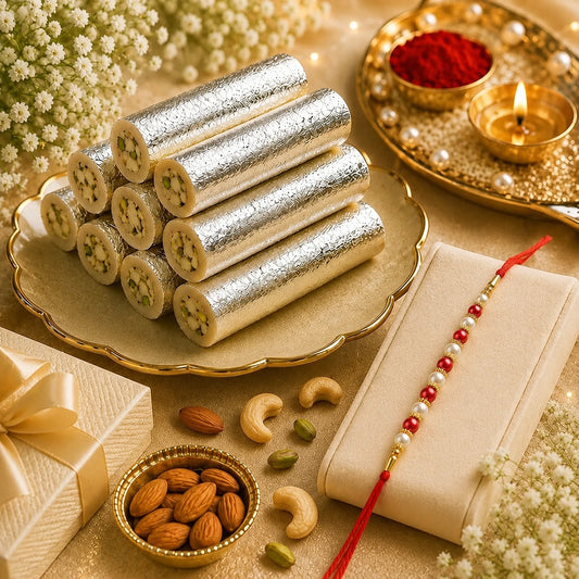 Pearl Rakhi with Kaju Roll & Almonds | Festive Raksha Bandhan Sweet Gift